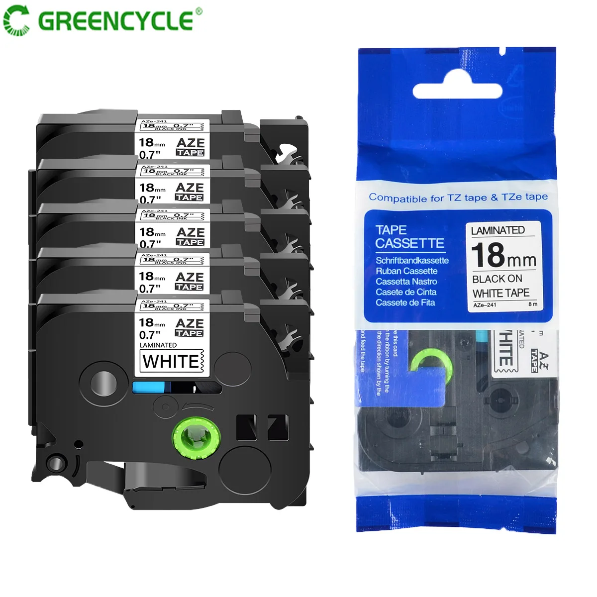 Greencycle 5PK 18mm Label Tape for Brother Compatible TZe 241 tz 241 P-Touch Label P-touch 3/4