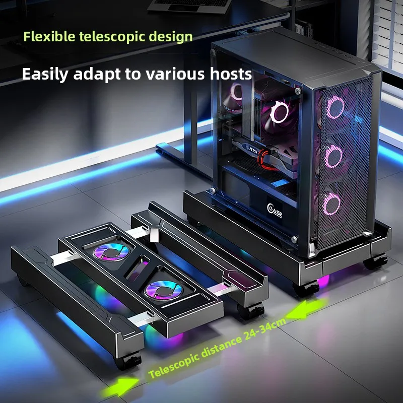 

Mobile PC Tower Stand Adjustable Computer CPU HolderDesktop Stand CPU Cart with RGB Cooling Fan Heat Dissipation for Home Office