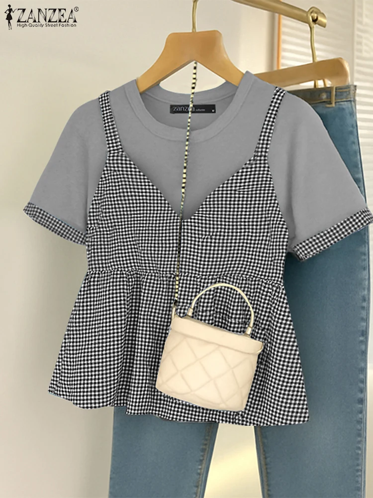 ZANZEA เสื้อฤดูร้อนผู้หญิงปลอม 2 ชิ้นเสื้อแขนสั้น Patchwork Blusas เสื้อทํางานลําลองหญิง Chemise Oversize
