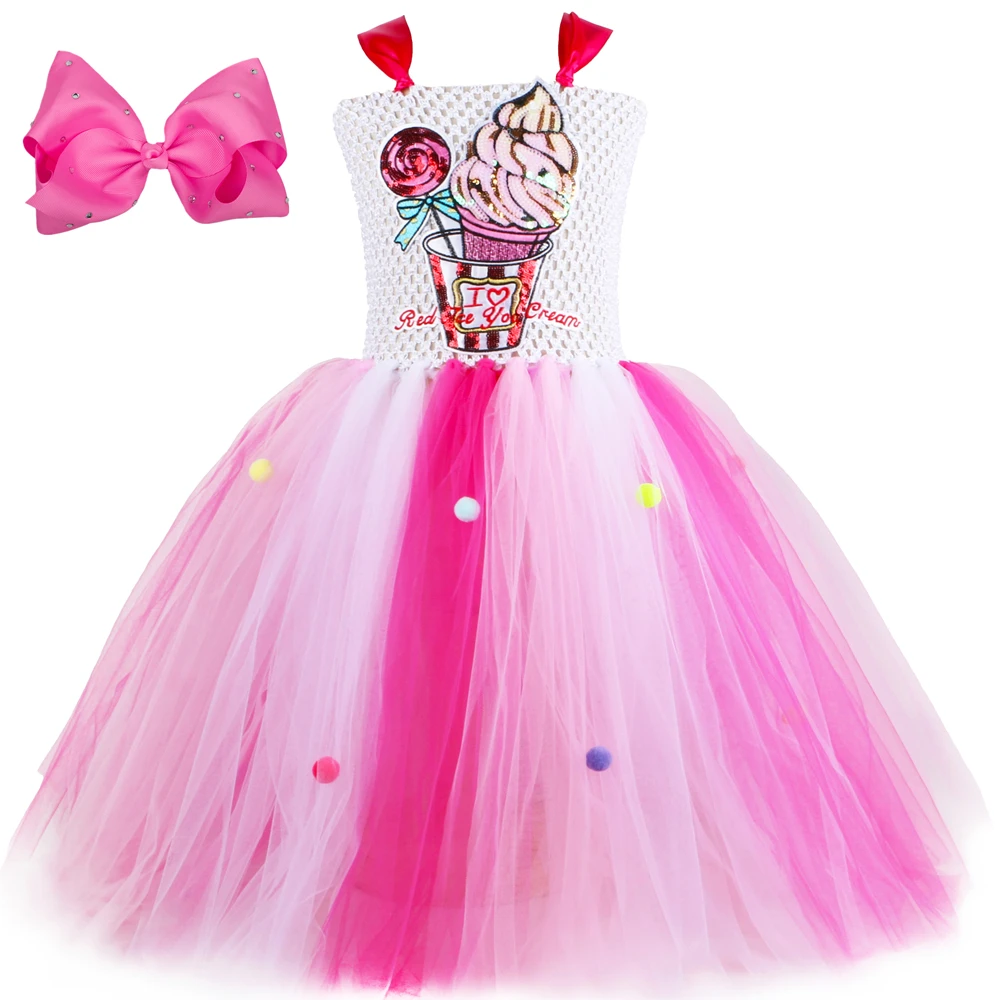 Girls Ice Cream Candy Tutu Dress with Hair Bow Pink Girl Birthday Party Tulle Princess Dress Gown Kid Halloween Carnival Costume