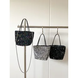 Luxury Sequins Bucket Bag Sparkly High-end Fashion Chains Handbag Korean Version Women's 2024 New Casual Popular Crossbody Bag