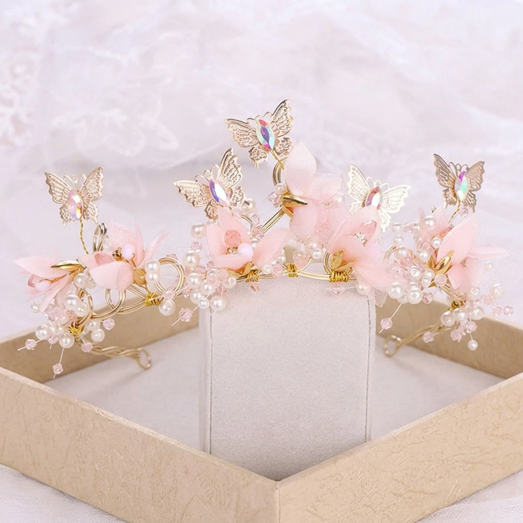

Fairy Pink Floral Crown Elegant Shiny Butterfly Crown Headwear Hair Hoop Alloy Princess Rhinestone Tiara Clothing Accessories