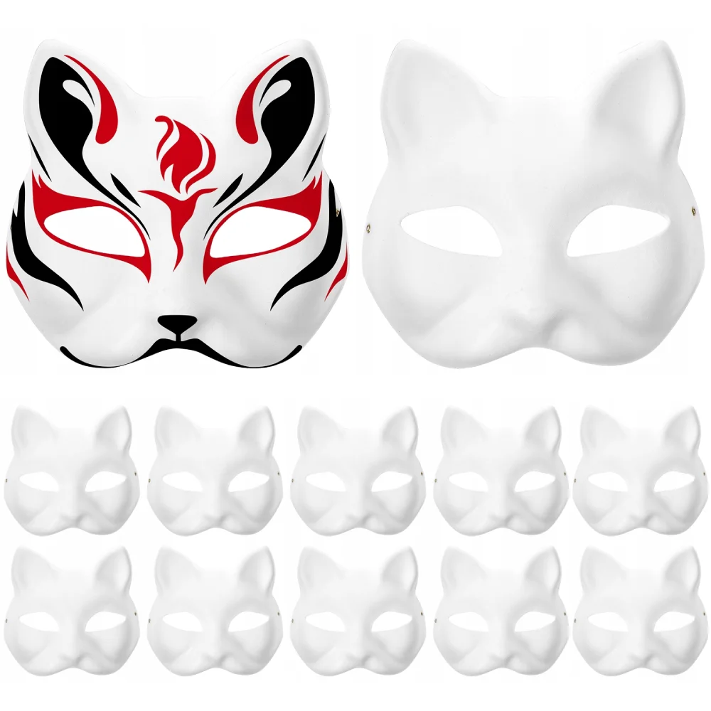 

12 шт. маска кошка маска самодельные красные пустые маски маска из белой бумаги маска целлюлоза Хэллоуин ручная роспись маска для лица личность креативная
