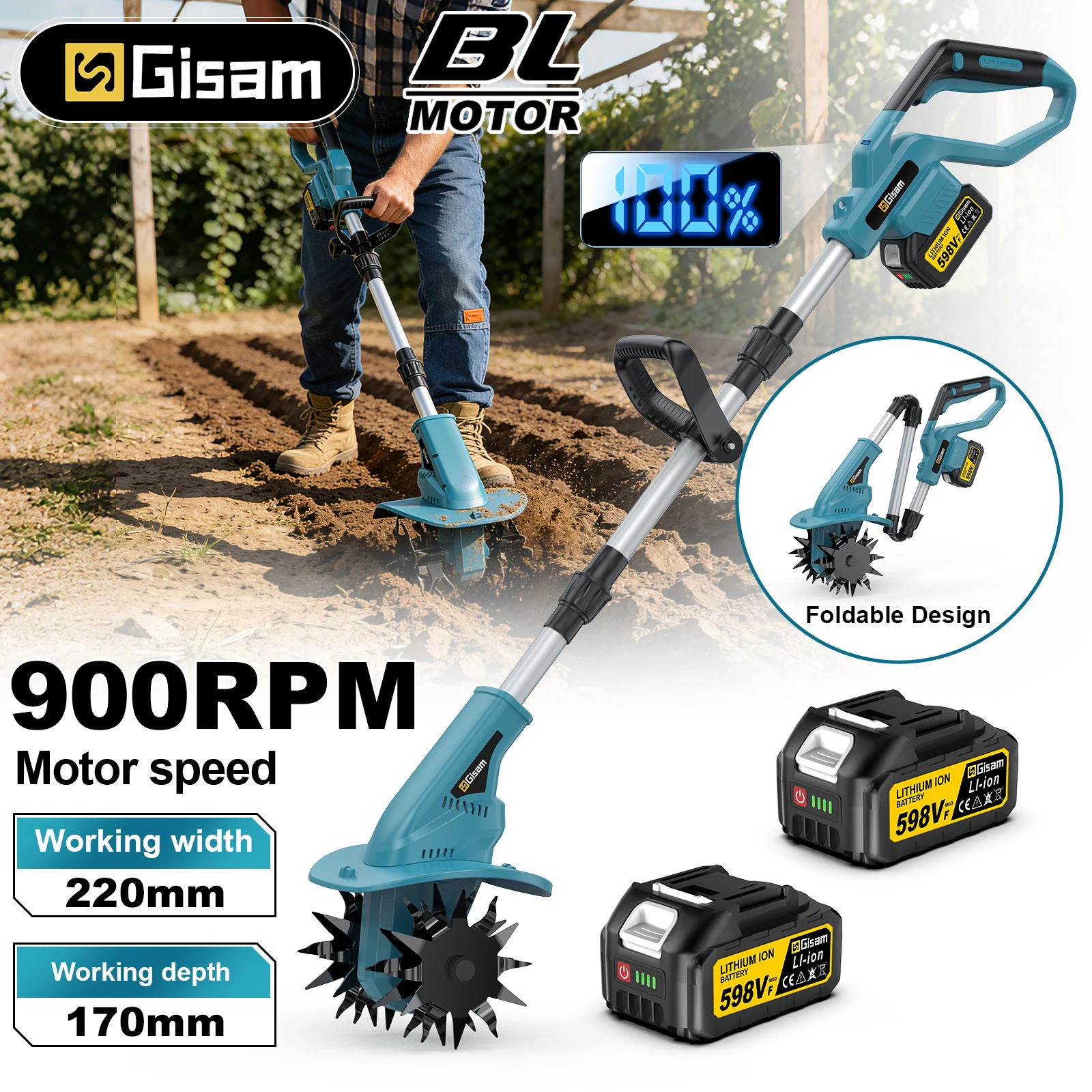 Motoculteur électrique sans balais Gisam pour la culture du sol, outil de jardinage compatible avec la batterie Makita 18V.