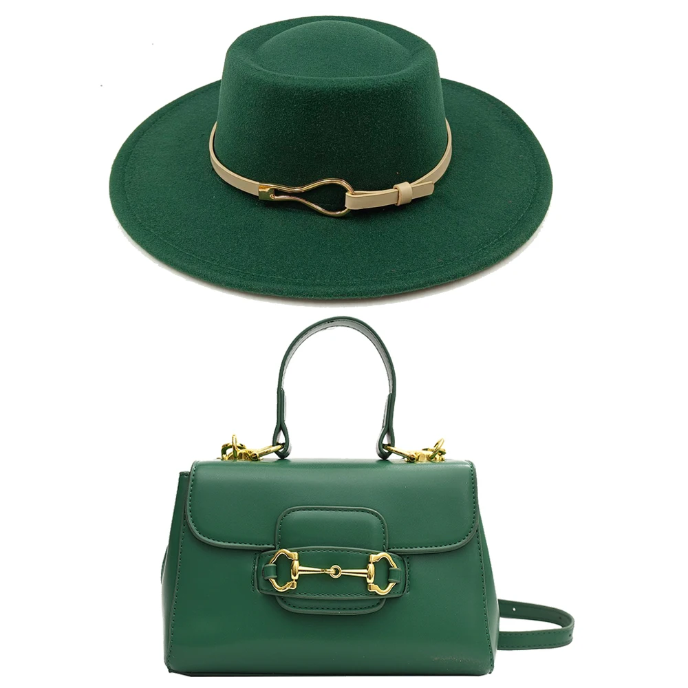 Women's metal leather buckle accessories with concave and convex top fur felt hat fashion matching fedora hat and bag set retro