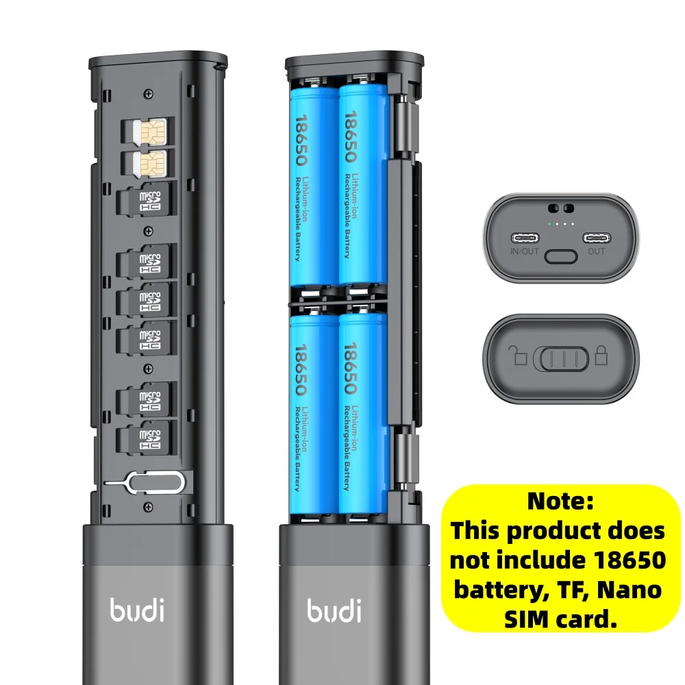 Budi 18650 Battery Fast Charger 20W PD Power Bank with Removal Tool Needle and SIM/TF Card Storage