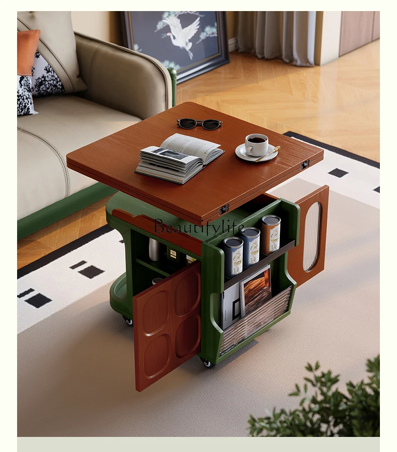 

Sofa side cabinet French retro style mobile folding coffee table movable lifting rotating edge table