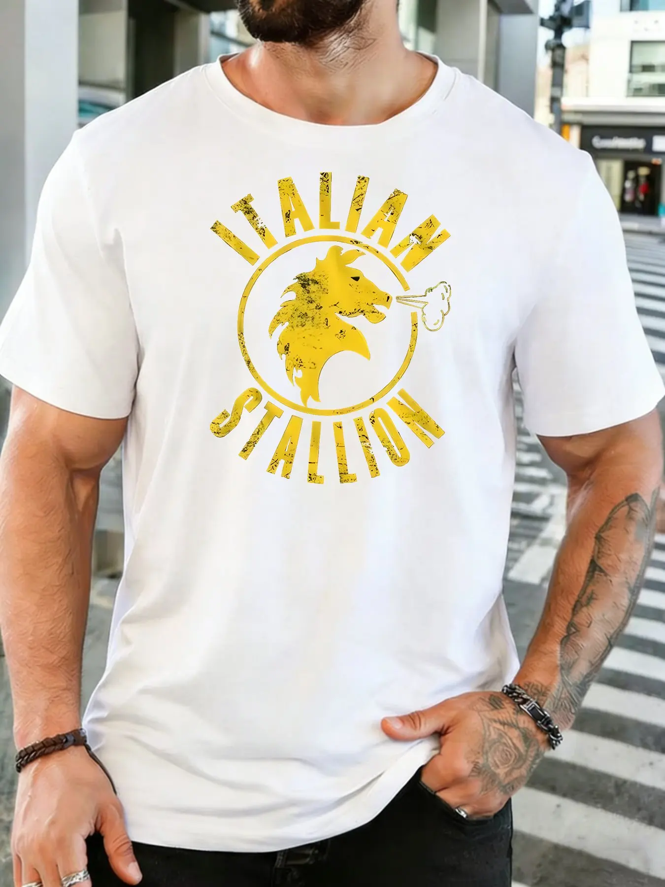 Men Vintage Cotton Tee Italian Stallion Worn Horse Circle Graphic Short Sleeve Tshirt For Boxing Fans Daily Casual Street Top
