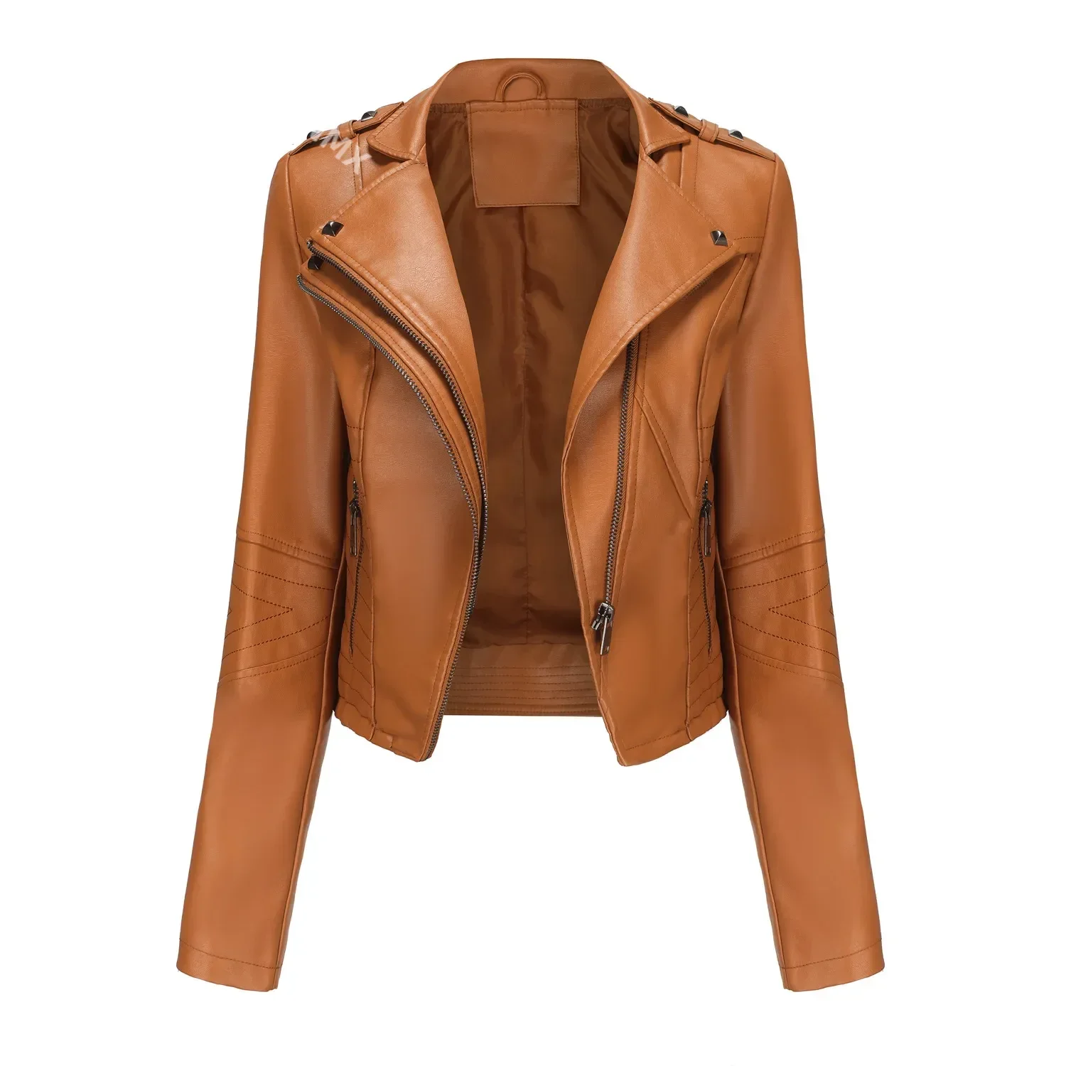 Women Moto Biker Zipper Jacket 2024 Spring Faux Leather Jacket Women Motorcycle Coat Chaqueta Mujer Veste Femme Brown Coffee Red