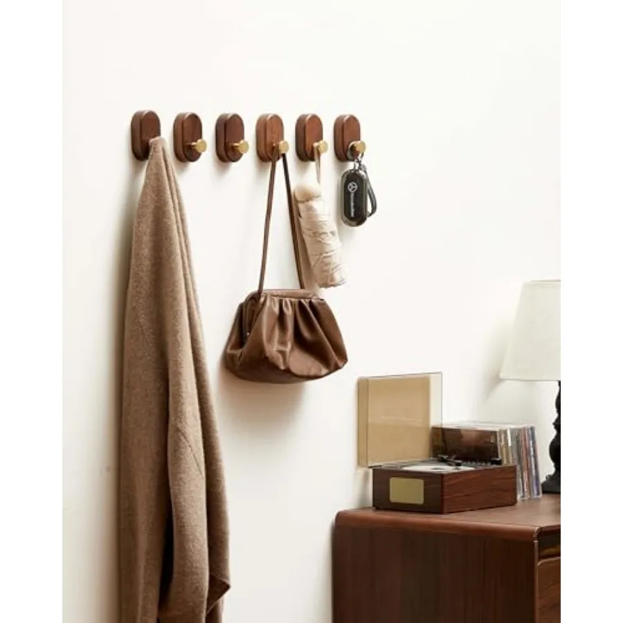 Wood Coat Hooks Wall Mount - Modern Walnut Coat Hook with Brass Accent for Hanging Clothes, Keys, Purse, Robes, Towel, Backpack