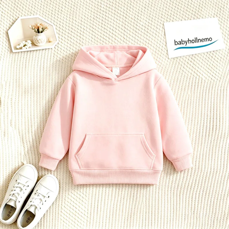 Solid Color Kids Cotton Hoodie Long Sleeve Pullover Front Pocket Casual Toddler Boys Girls Sweatshirt