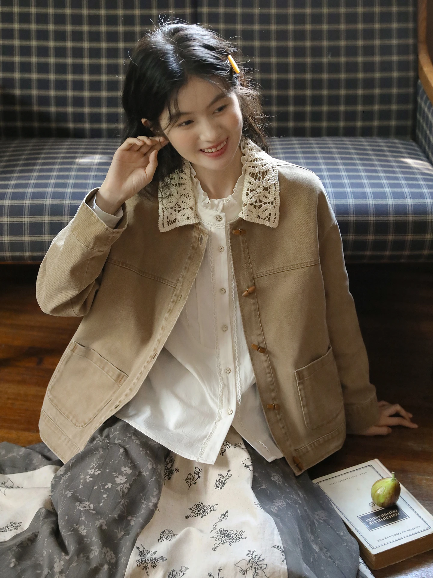 

Джинсовая куртка Nesoulum цвета хаки с кружевным воротником, женская осенняя художественная винтажная куртка свободного кроя из чистого хлопка