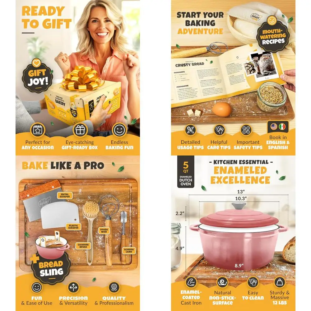 

Чугунная эмалированная жаровня, 5 кварт, с крышкой, формой для выпечки, бандоном и лезвием для разрезания теста для выпечки хлеба на закваске