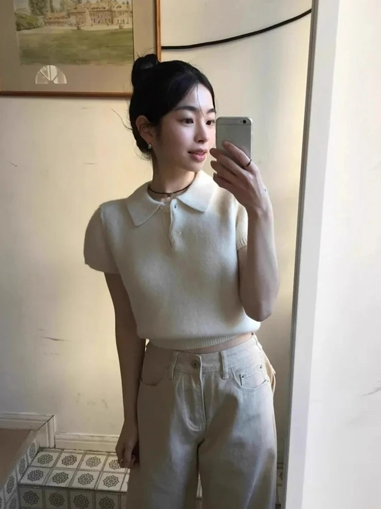 

Шикарный осенний новый милый отложной воротник, мягкий универсальный вязаный свитер с короткими рукавами для женщин