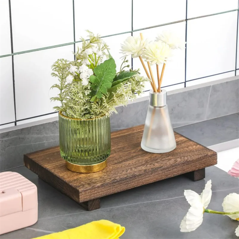 Wood Tray Pedestal Stand Farmhouse Bathroom Decor Decorative Wooden Riser Kitchen Soap Dish Holder For Vanity, Counter, Sink