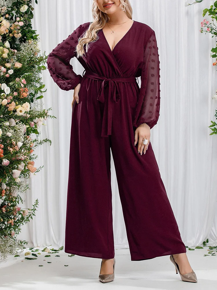 GIBSIE Plus Size Swiss Dot Mesh Sleeve Belted Jumpsuit Women Spring Summer V-Neck Loose High-waisted Elegant Wide Leg Jumpsuits image 4