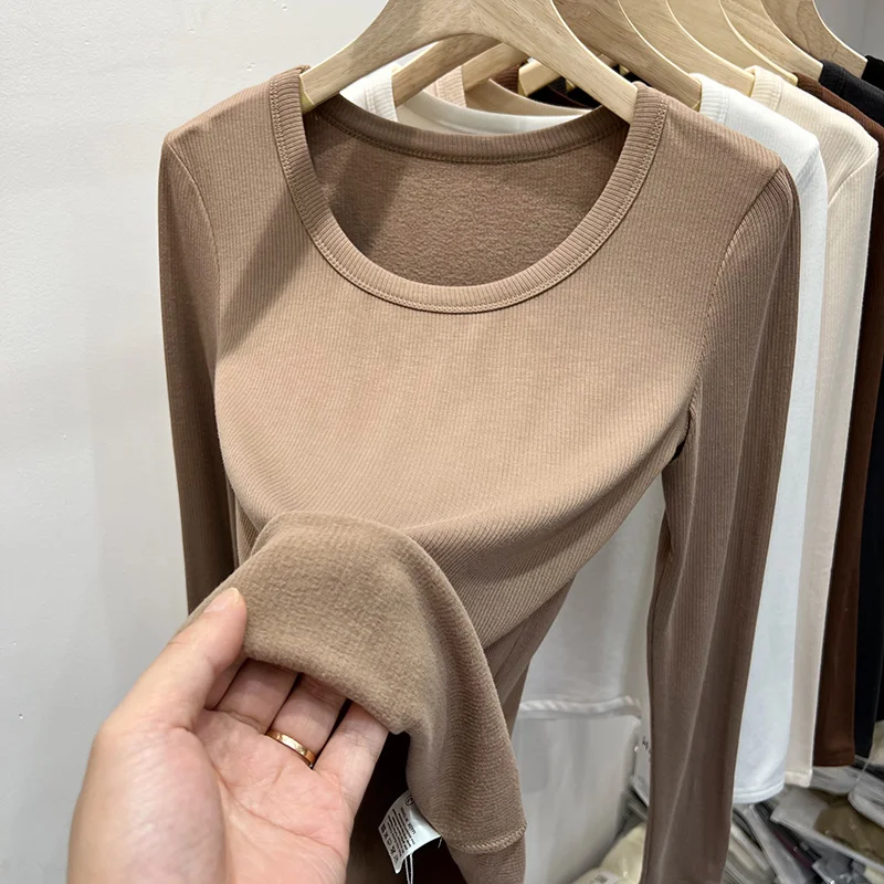 

Slimming Low round Neck Long Sleeve T-Shirt Women's Inner Wear Base Shirt Top Thin Velvet Brand Fashion Korean Style Pure Color