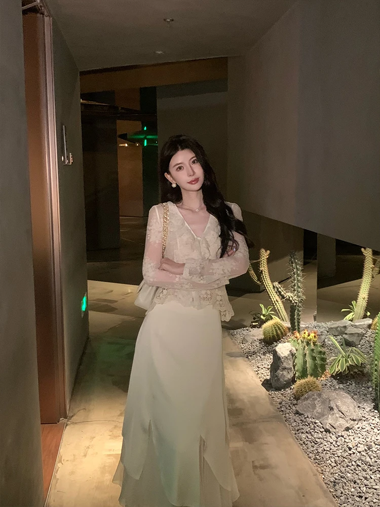 

Женский кардиган Ele Long Sve Berlin Love с кружевной вышивкой, бежевый, открытый, приталенный, для повседневной носки