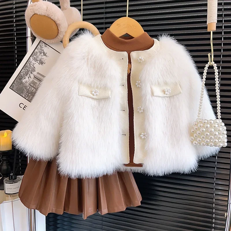 

Korea Kids Winter Clothes for Girls Cute Pearl Fur Coat Baby Girls Sweet Princess Fur Jacket Thickening for Warmth 90-140cm