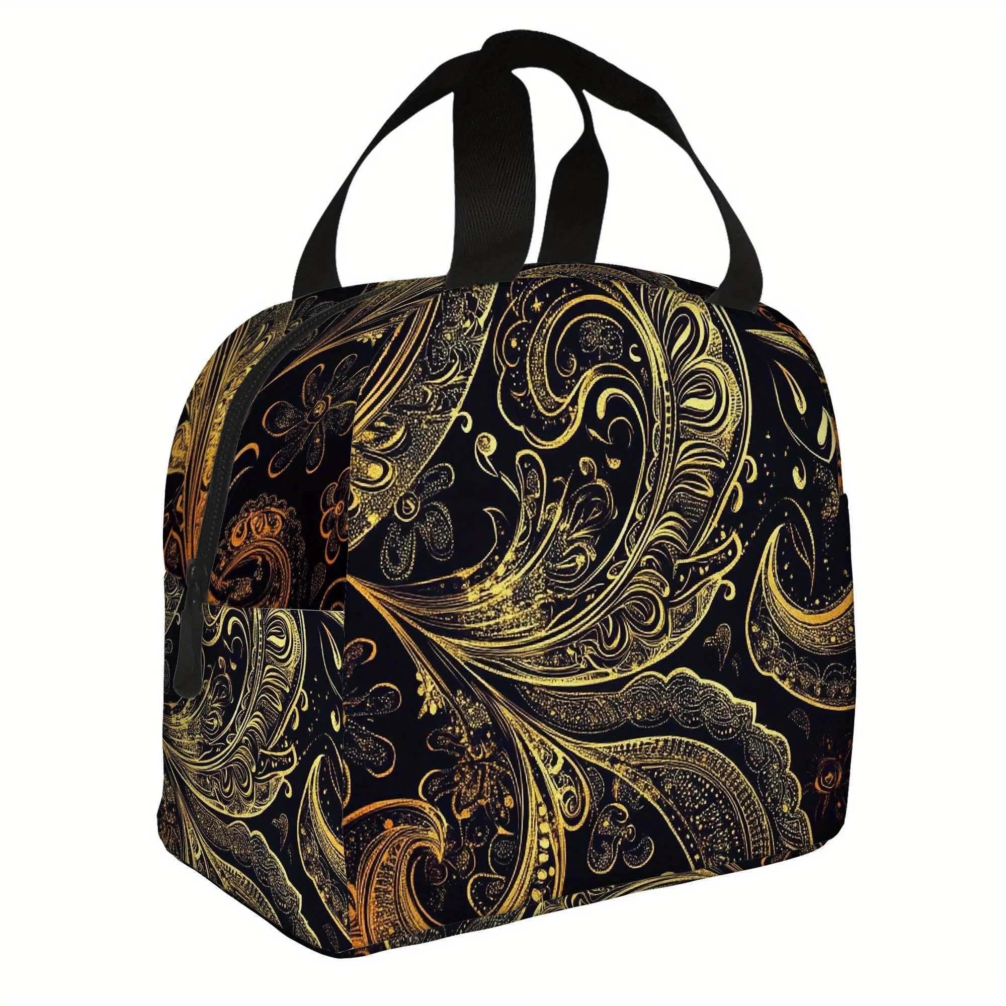 Golden Paisley Black Print Insulated Lunch Bag Oxford Portable Reusable for Office Picnic Unisex