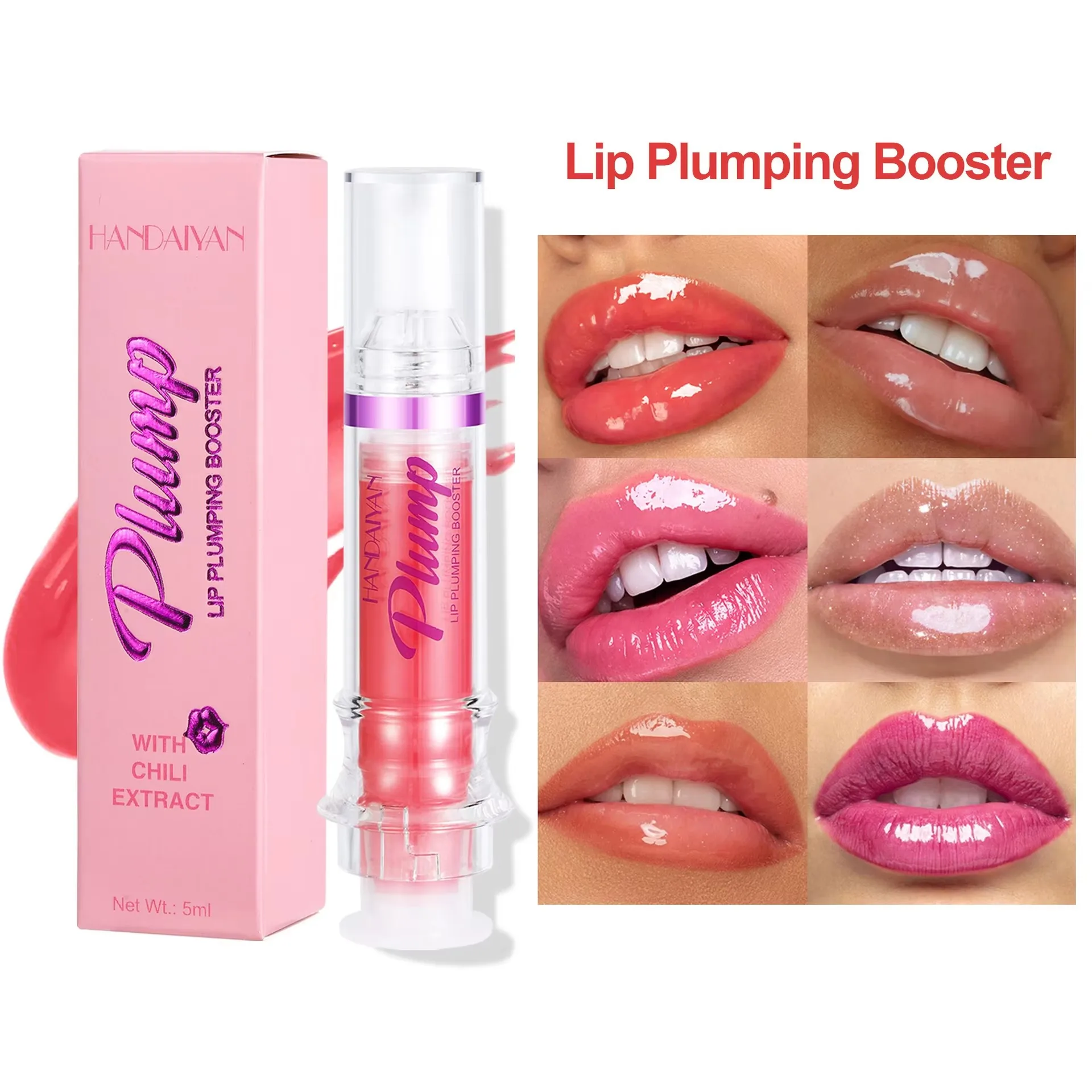 HANDAIYAN Lip Plumping Booster alto brillo Lip Plumper aceite de labios tubo de aguja brillo de labios bálsamo labial volumen extremo tinte de labios maquillaje