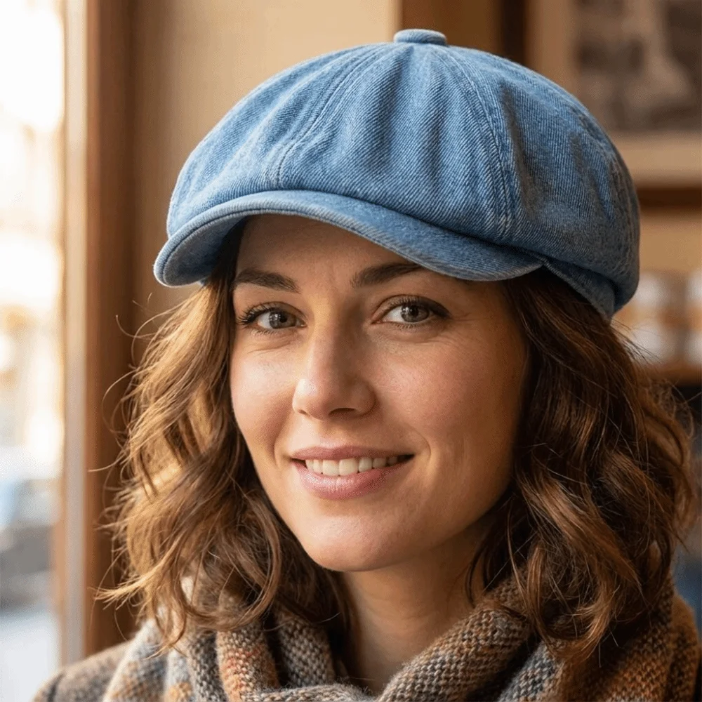 Vintage Washed Denim Newsboy Cap Short Brim Casual British Beret Hat Versatile Octagonal Caps For Men Women view 5