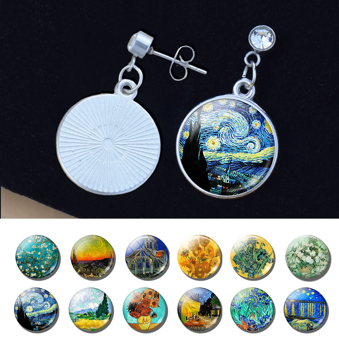 Van Gogh Art Flower Stud Earrings - Iris Sunflower Apricot Blossom Glass Dome Cabochon Rhinestone Earrings for Women Gift