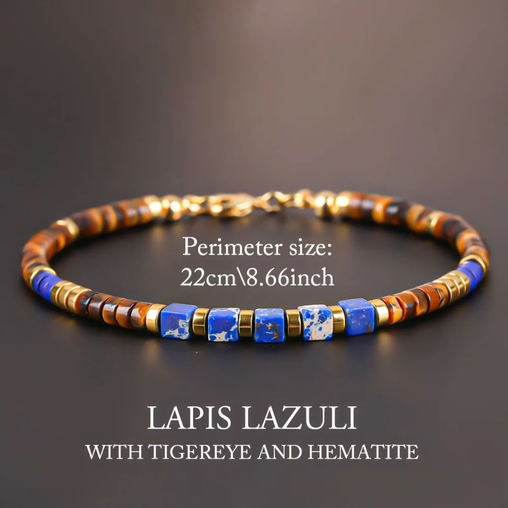 Natural Lapis Lazuli Tiger Eye Disc Bead Bracelet Gold Spacer Lobster Clasp Dainty Stackable Energy Crystal Wrist Jewelry