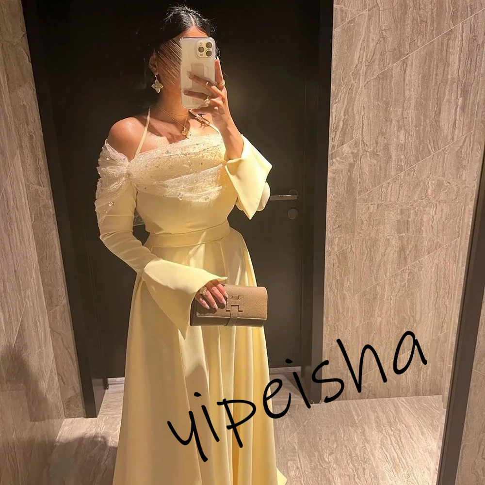 Customized Fashion Satin A-Line Halter Off-the-shoulder Long Sleeves Evening Party Tulle Wraps Beaded Sequins Formal Gowns