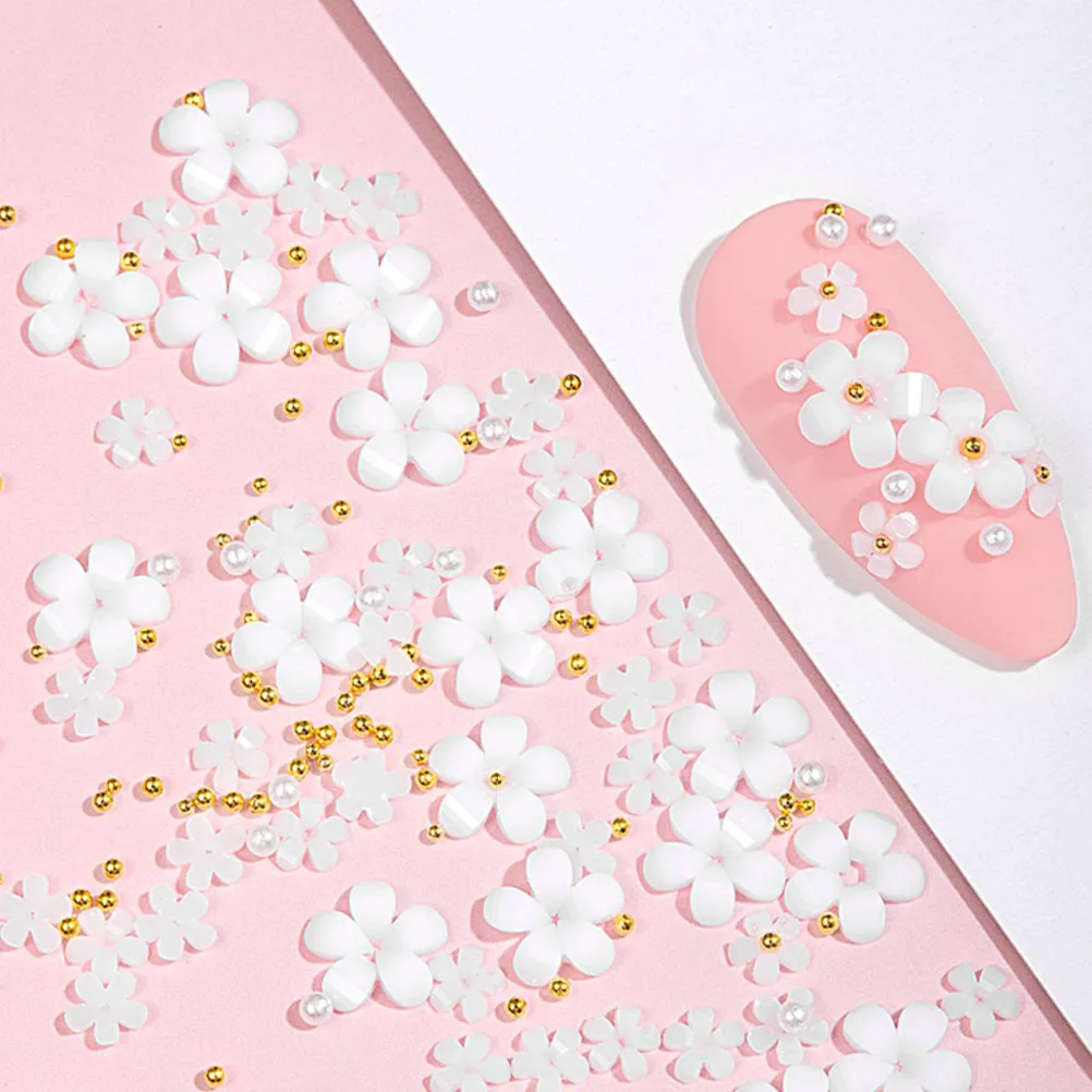 

2pcs White Resin Five Petals Flower Nail Decor 3D Small Pearl Bead Accessories for DIY Manicure Charm Art Supplies