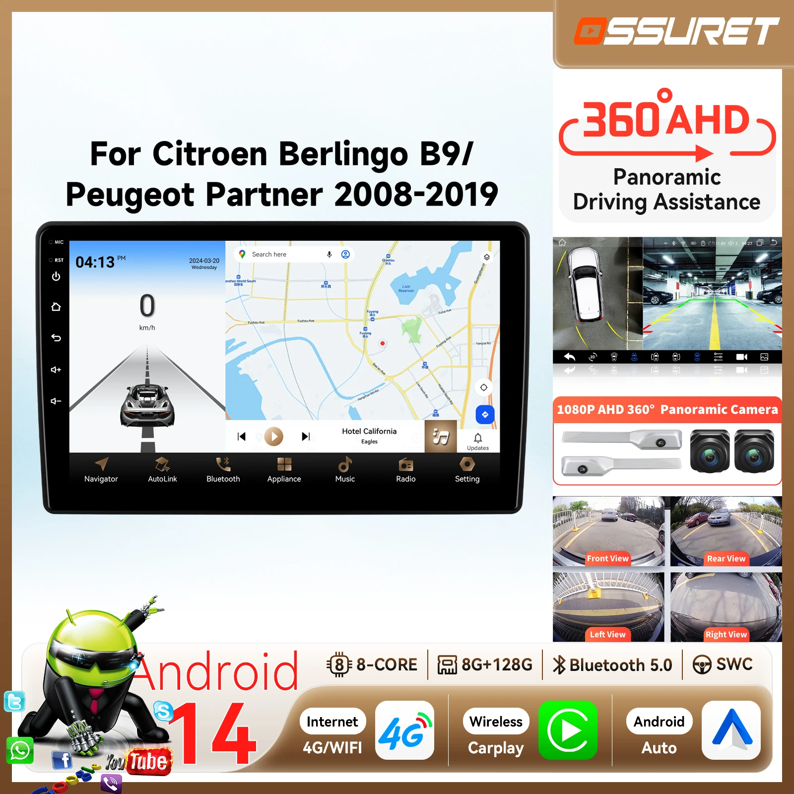 Radio de coche con Android Auto para Peugeot Partner Citroen Berlingo B9 2008 - 2019, reproductor multimedia estéreo inalámbrico con Carplay y GPS