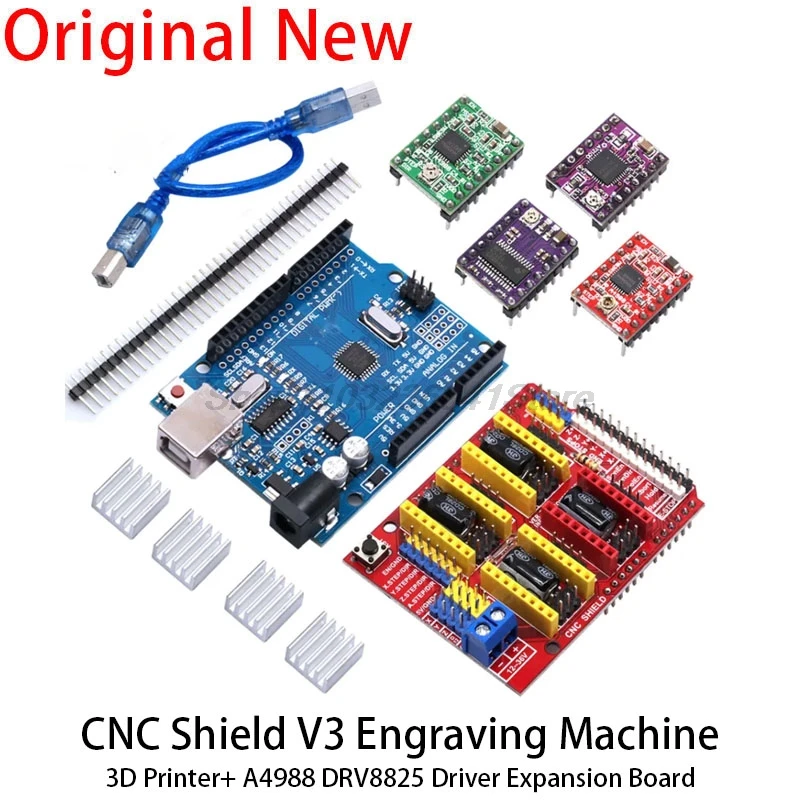 CNC Shield V3 Engraving Machine 3D Printe+ 4pcs DRV8825 Or A4988 AT2100 Driver Expansion Board For Arduino UNO R3 With USB Cable