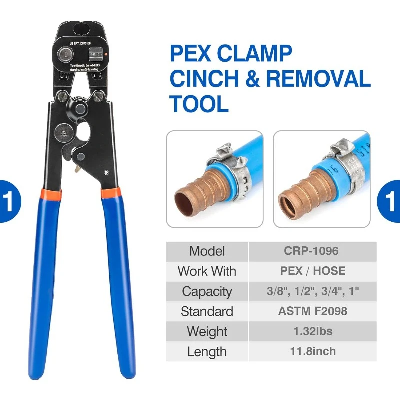 PEX Clamp Tool Kit for 3/8-in, 1/2-in, 3/4-in, 1-in PEX Clamp Cinch & Removal, and 3/4''(10 Pack) PEX Clamp Rings