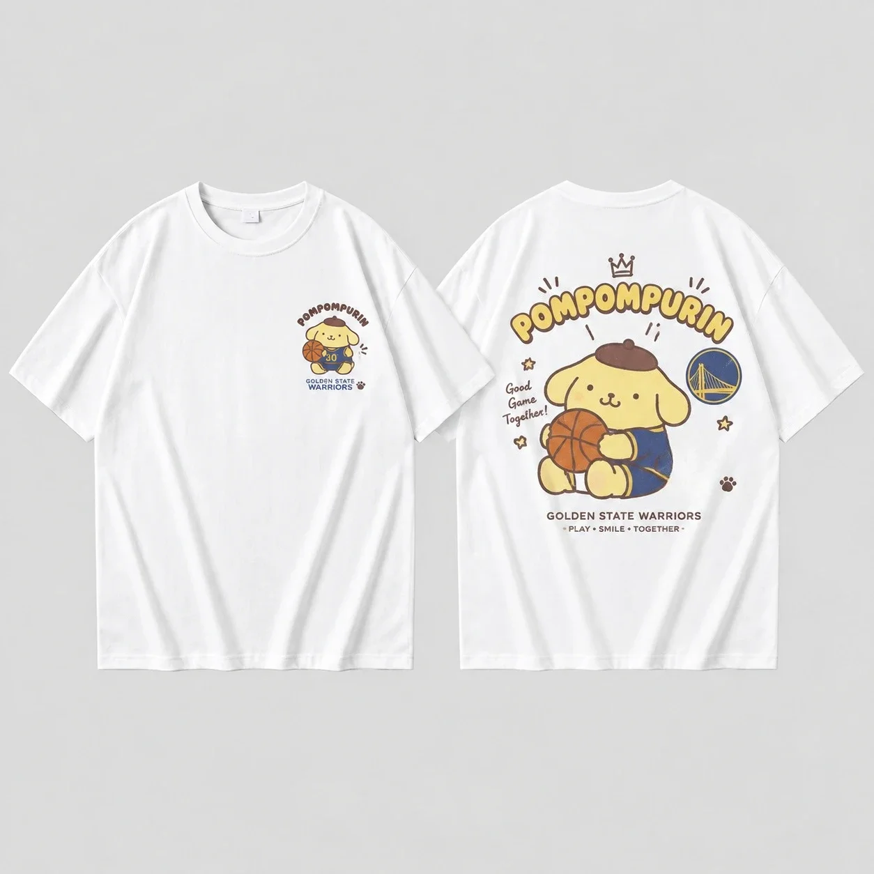 White T Shirt Parent Child Sanrio Pompompurin Basketball Golden State Cute Print Men's Women's Oversized Sporty Streetwear Top