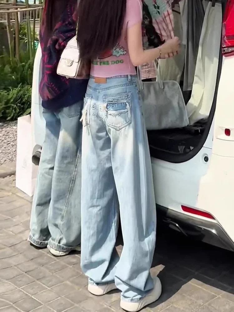 

Retro American Washed Denim Wide Leg Loose Long Pants Women Summer Casual Straight Leg Jeans Natural Waist Pure Color