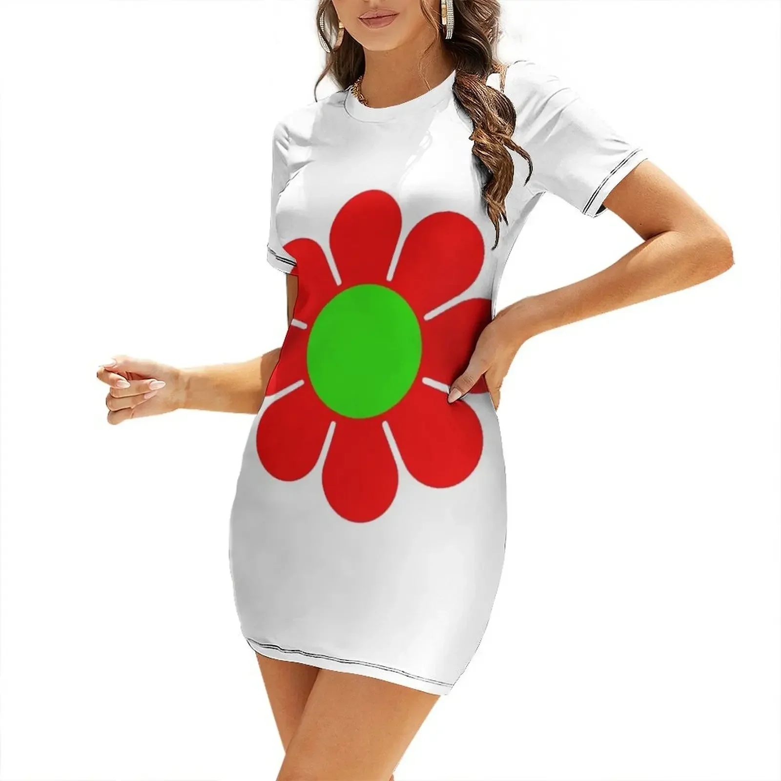 

Red Green Hippy Flower Daisy Short-Sleeved Dress dress summer 2026 women summer dresses womens 2026 Woman clothing