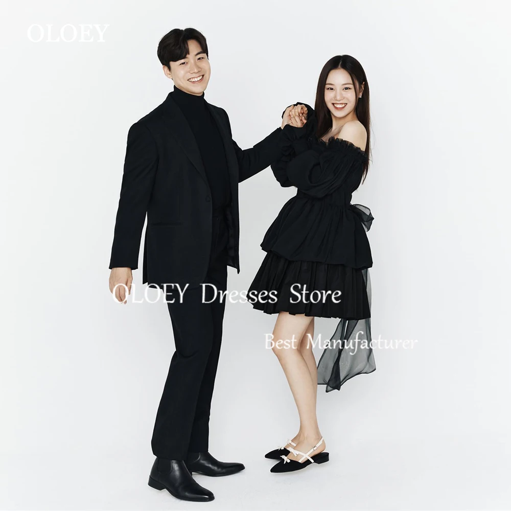 

OLOEY 2025 Simple Black Short Prom Cocktail Dress Korea Photoshoot Layered Tulle Mini Wedding Party Dress Full Sleeve Customized