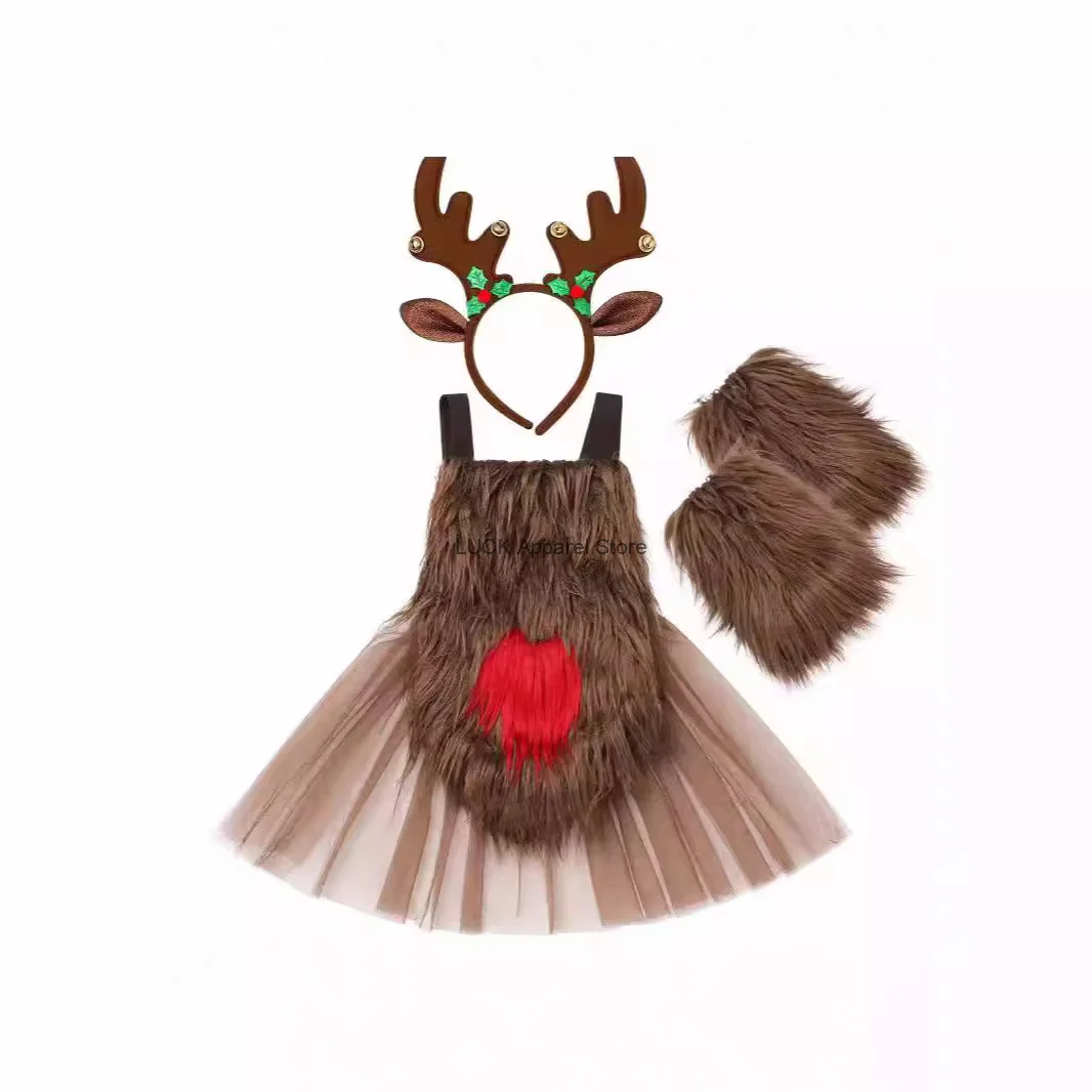 Christmas Cosplay Costume Kids Reindeer Dress Tutu Skirt Baby Plush Love Climbing Clothing Short Skirt Elk Children's Clothing