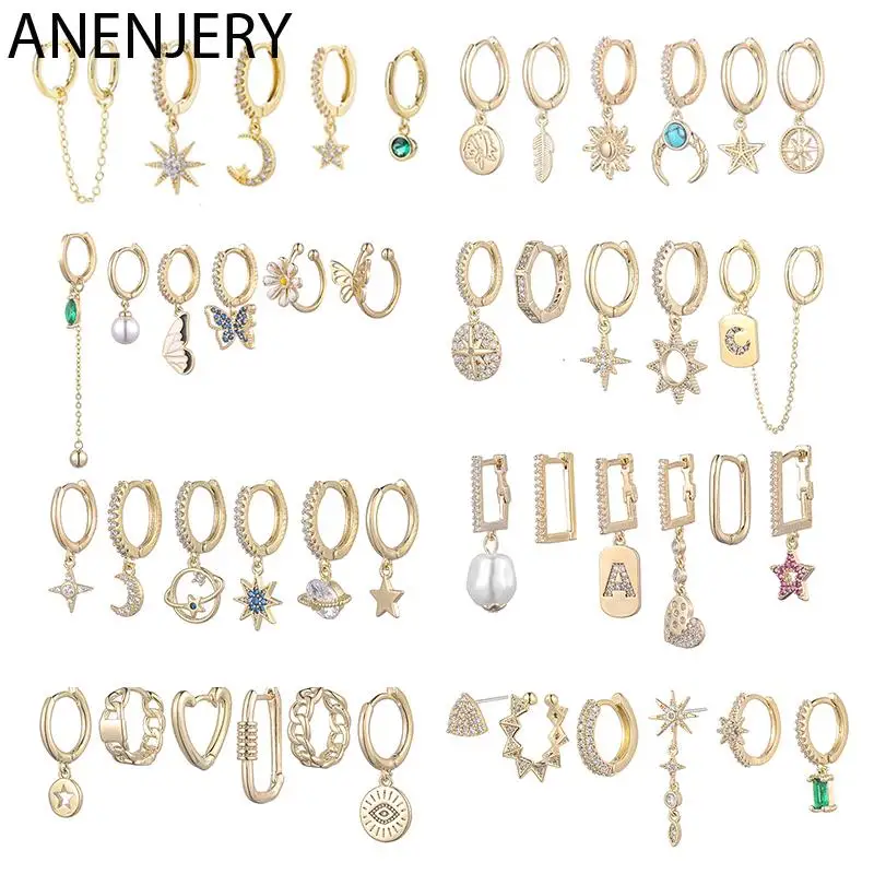 ANENJERY Zircon Moon Star Butterfly Flower Heart Water Drop 6-piece Earring Set For Women Hoop Earrings Gold Silver Color