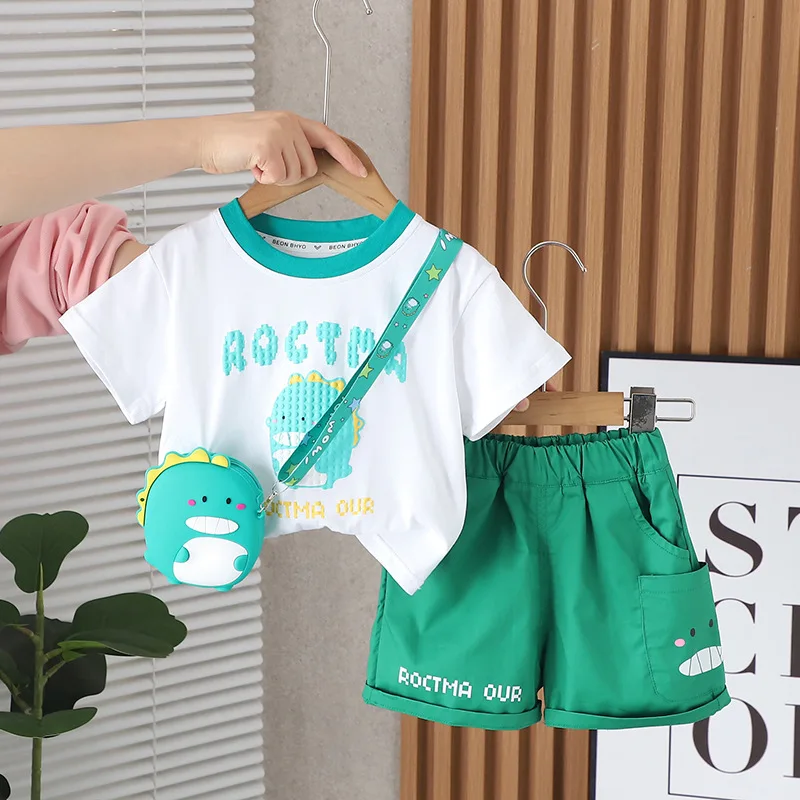 

Boys' Short Sleeve Suit New Boys' Cartoon Satchel Round Neck Short Sleeve T-shirt + Casual Shorts Two-piece Set with Bag