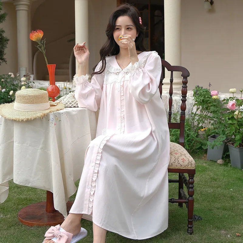 Women Sweet Turn-Down Collar Full Sleeves Nightdress 100% Cotton Casual Cardigan Long Mid-Calf Nightdress Loose Design Homedress