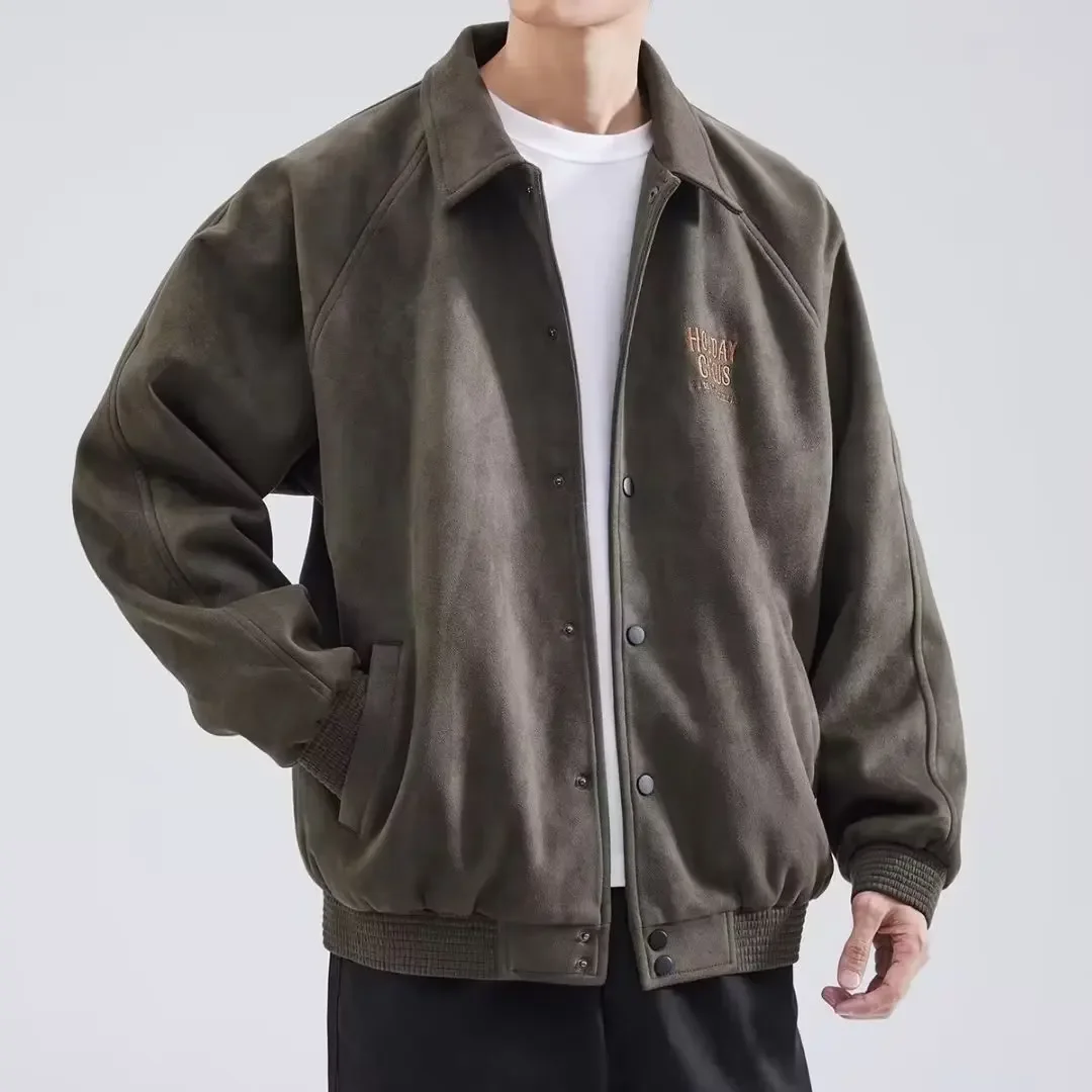 American Style Men's Loose-Fit Warm Jacket With Lapel Casual Fall Winter Deer Leather Velvet Baseball Uniform