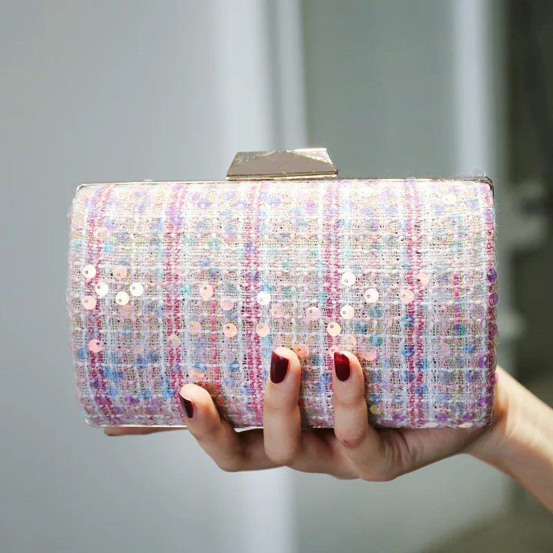 Bolso de mano a cuadros con lentejuelas brillantes, bolso de mano rosa, monedero de diseñador de lujo con cadena de perlas, bolso cruzado de tela de lana para boda y Noche