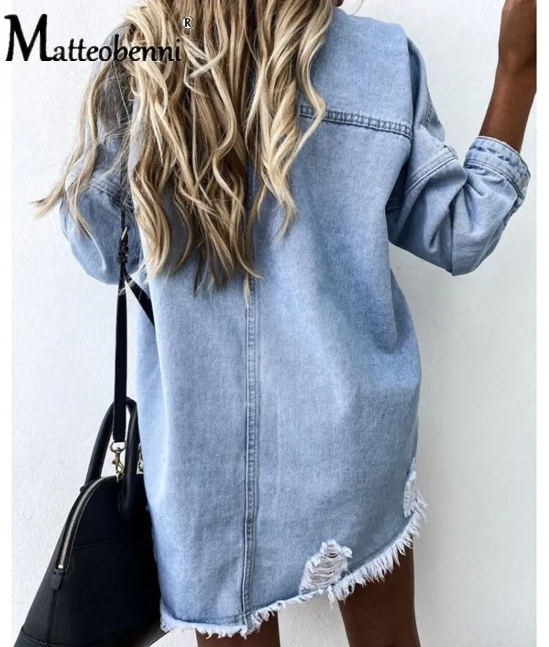 2024 Fall New Women\'s Long Sleeve Denim Shirt Fashion Ripped Mid-length Jeans Buttons Shirt Tops Boyfriend Loose Shirts