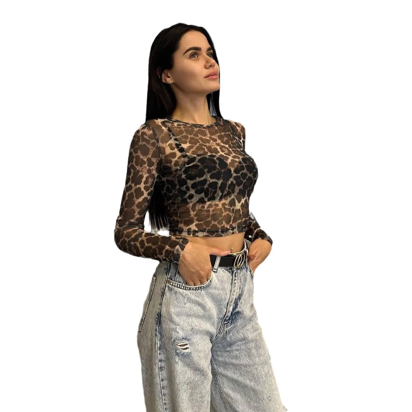 Spice girl leopardo impressão malha Top feminino, perspectiva sexy, verão, novo