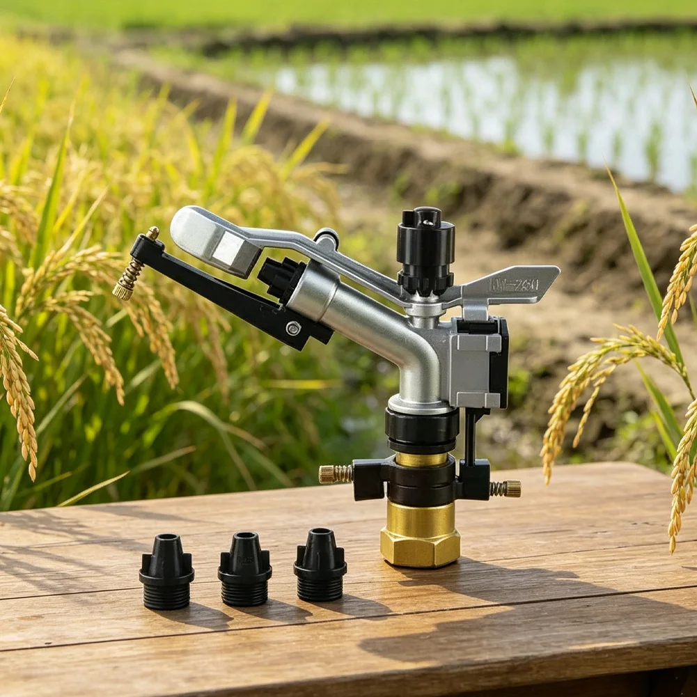 Rotating irrigation sprinkler with 1-inch inlet 6mm/8mm/9mm nozzles and adjustable spray pattern for field use