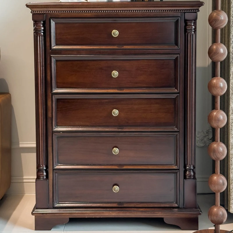 Vintage American Walnut Wood 5‑Drawer Chest Cabinet, Solid Wood Storage Side Dresser for Bedroom Living Room Household