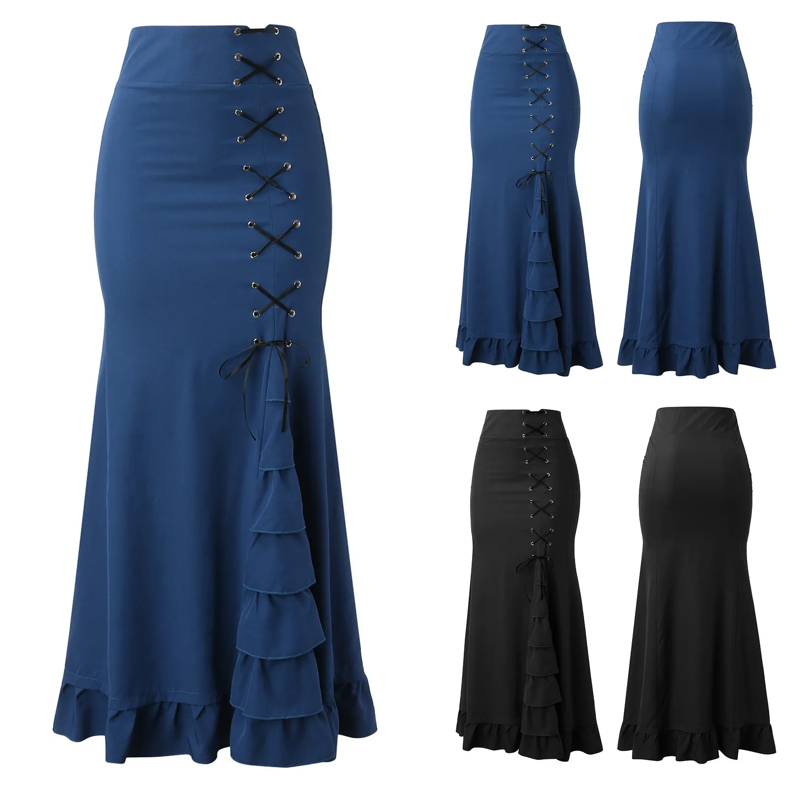 Women\'s Elegant Vintage Solid Colour Skirt Temperament High Waisted Long Skirt Fashion Irregular Ruffle Hem Half Body Skirt