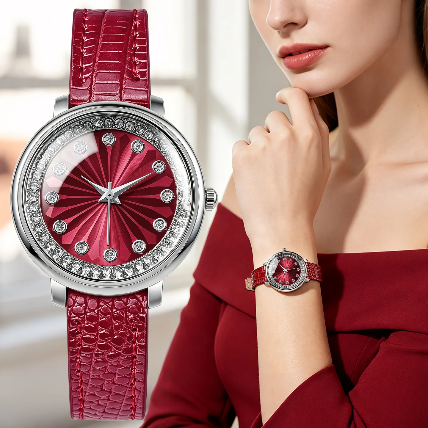 Round Women Quartz Watch Silver Alloy Case Rhinestone Inlaid Bezel Dial Grain PU Leather Strap Elegant Ladies Watch
