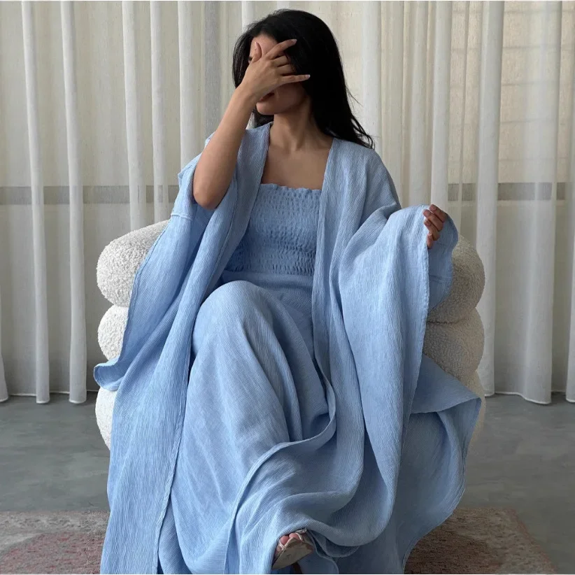 

Two Piece Suit Modest Kimono Open Abbayas Dress Set for Muslim Women Middle Eastern Arabic Islamic Turkish Loose Kaftan Robe New